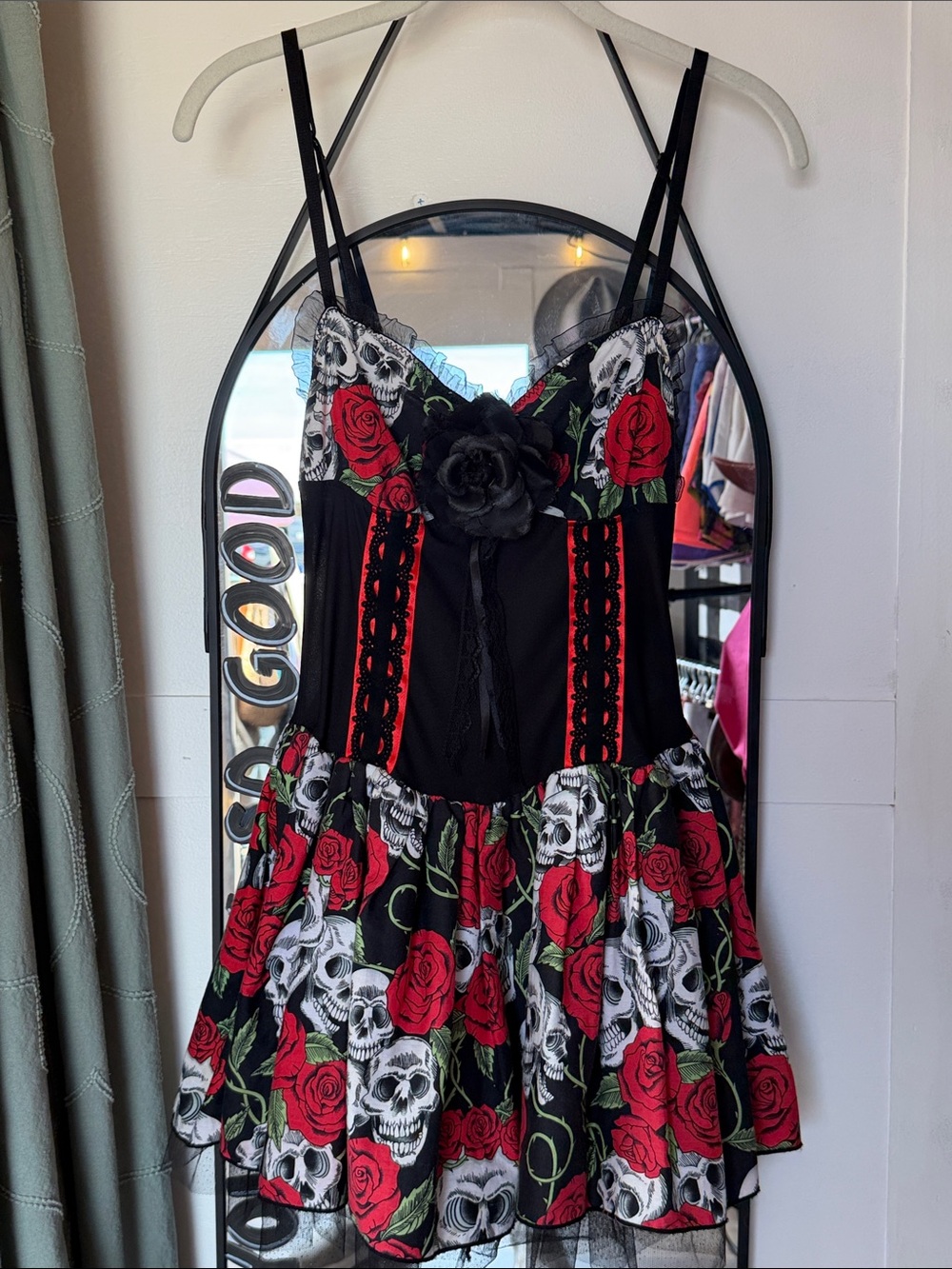 Vintage Lip Service Mini Dress Black Red Skulls Roses Layered Tulle Micro Y2K s